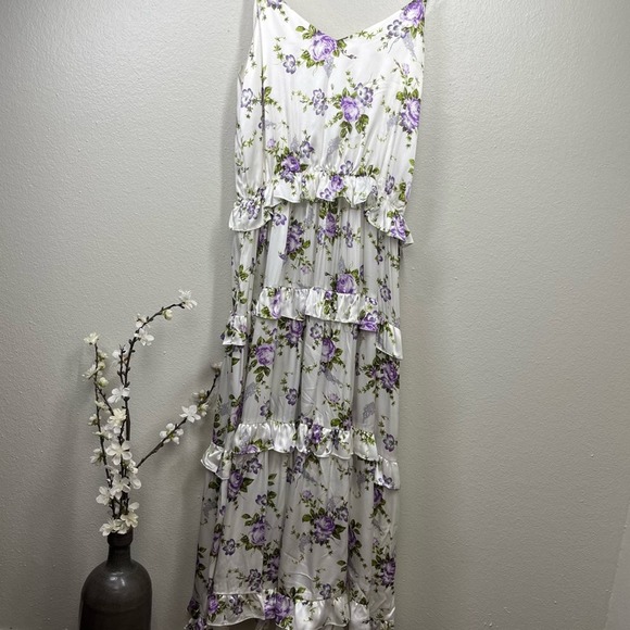 Les Reveries Silk Ruffle-Trimmed Tiered Floral Print Maxi Dress Size 6 - Picture 3 of 10